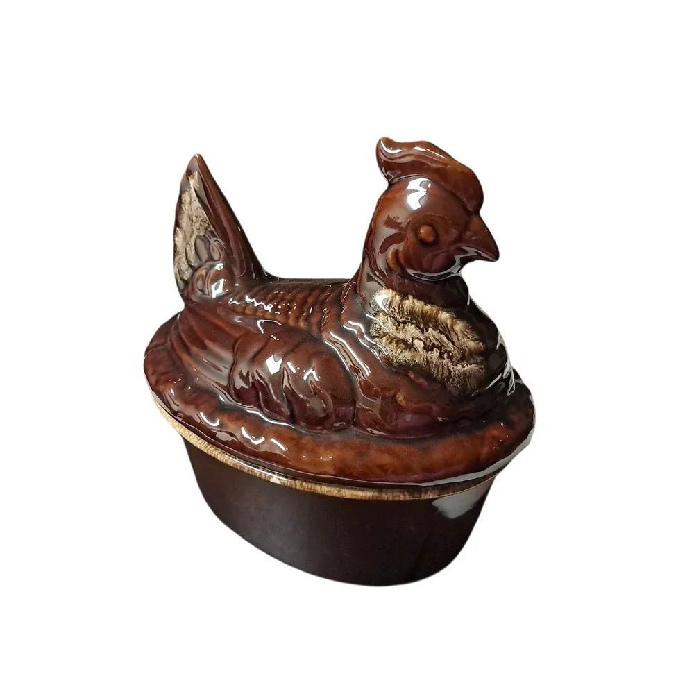 Hull Pottery Brown Drip Large Hen Chicken on Nest Casserole USA Vintage